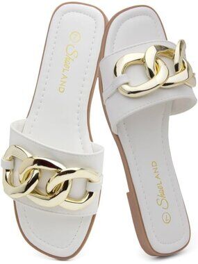 Women's White Dressy Slides with Metal Chain Square Open Toe Sandal Summer Flat